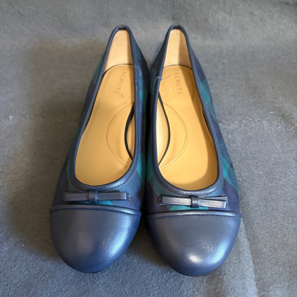Talbots Ballet Flats Womens 8.5M Navy Green Plaid Preppy Core Fall Cottage Girl